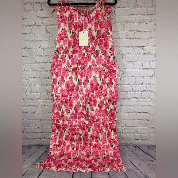 Show Me Your MuMu Dresses & Skirts - NWT Show Me Your MuMu Stella Smocked Pink Floral Soiree Wedding Midi Dress XL